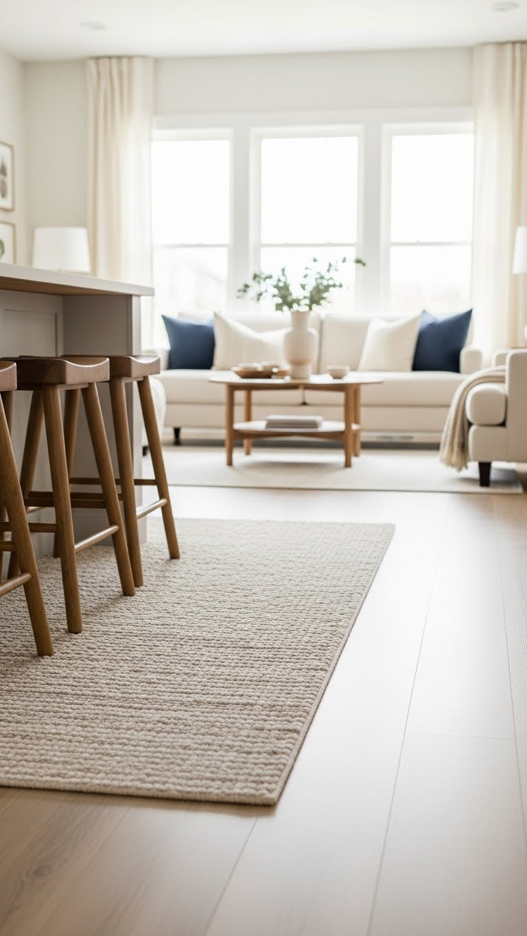Textural area rug defines living room zone adjacent to kitchen island, anchoring sofa and coffee table in open concept space.