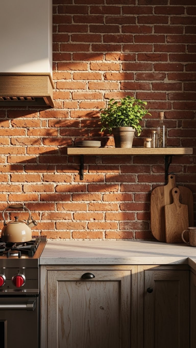 Textural exposed brick wall with floating wood shelf and potted plant serving as rustic kitchen backsplash.
