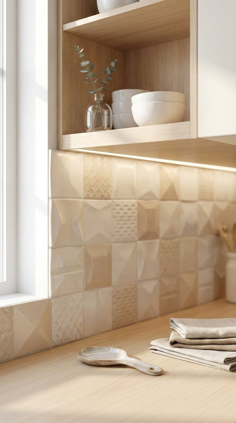Textured 3D tile backsplash adding tactile depth to small kitchen with neutral color palette