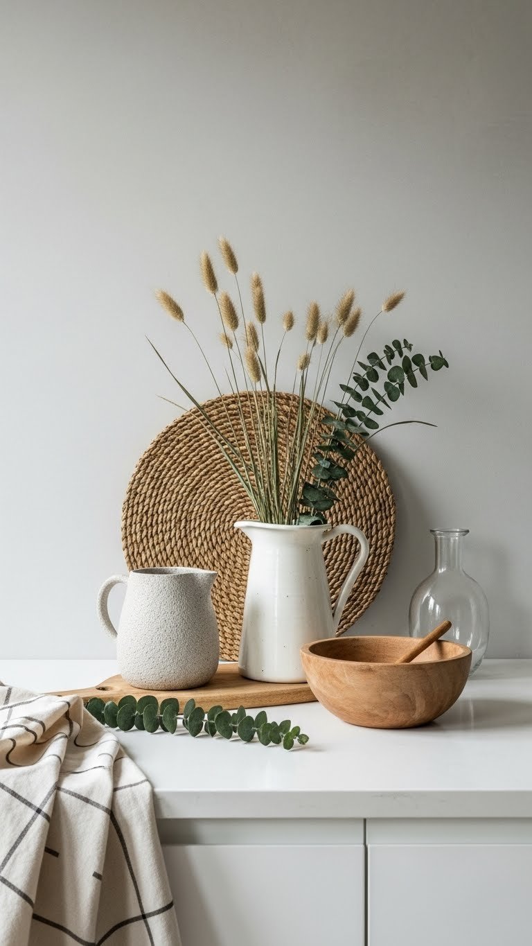 Textured Scandi kitchen countertop with woven placemat, ceramic pitcher, and wooden bowl showcasing natural material aesthetics.
