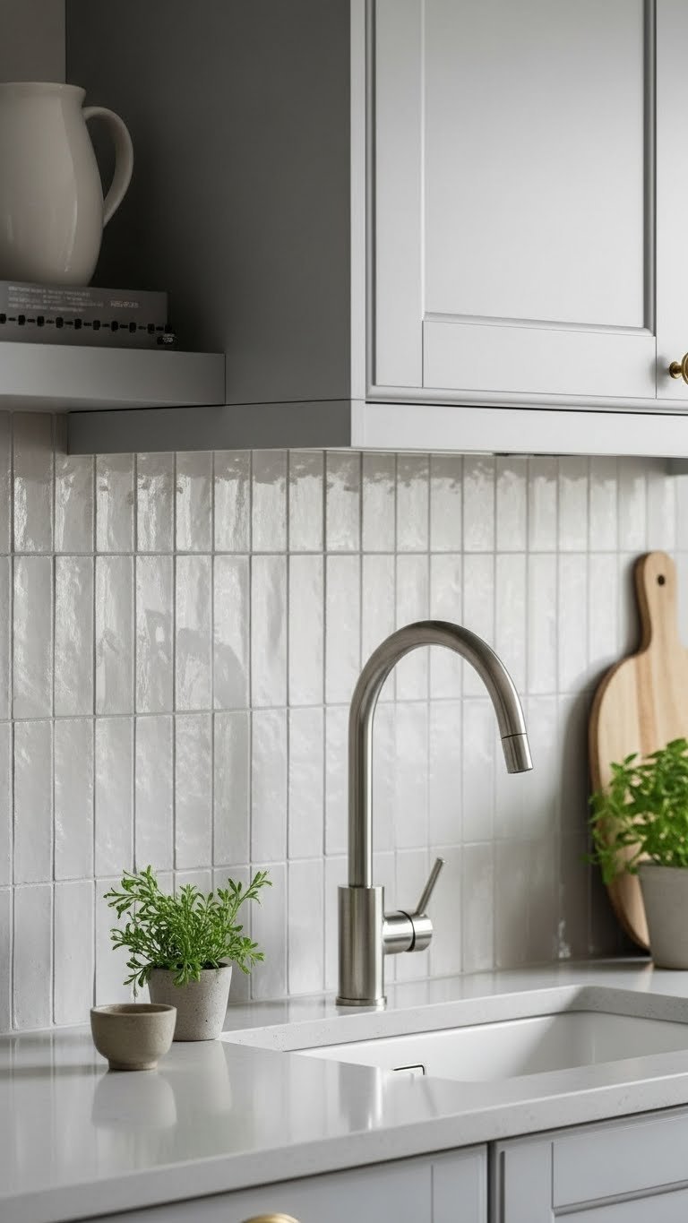 Textured backsplash with subway tiles contrasting smooth grey cabinetry in Scandinavian kitchen with detailed macro focus.