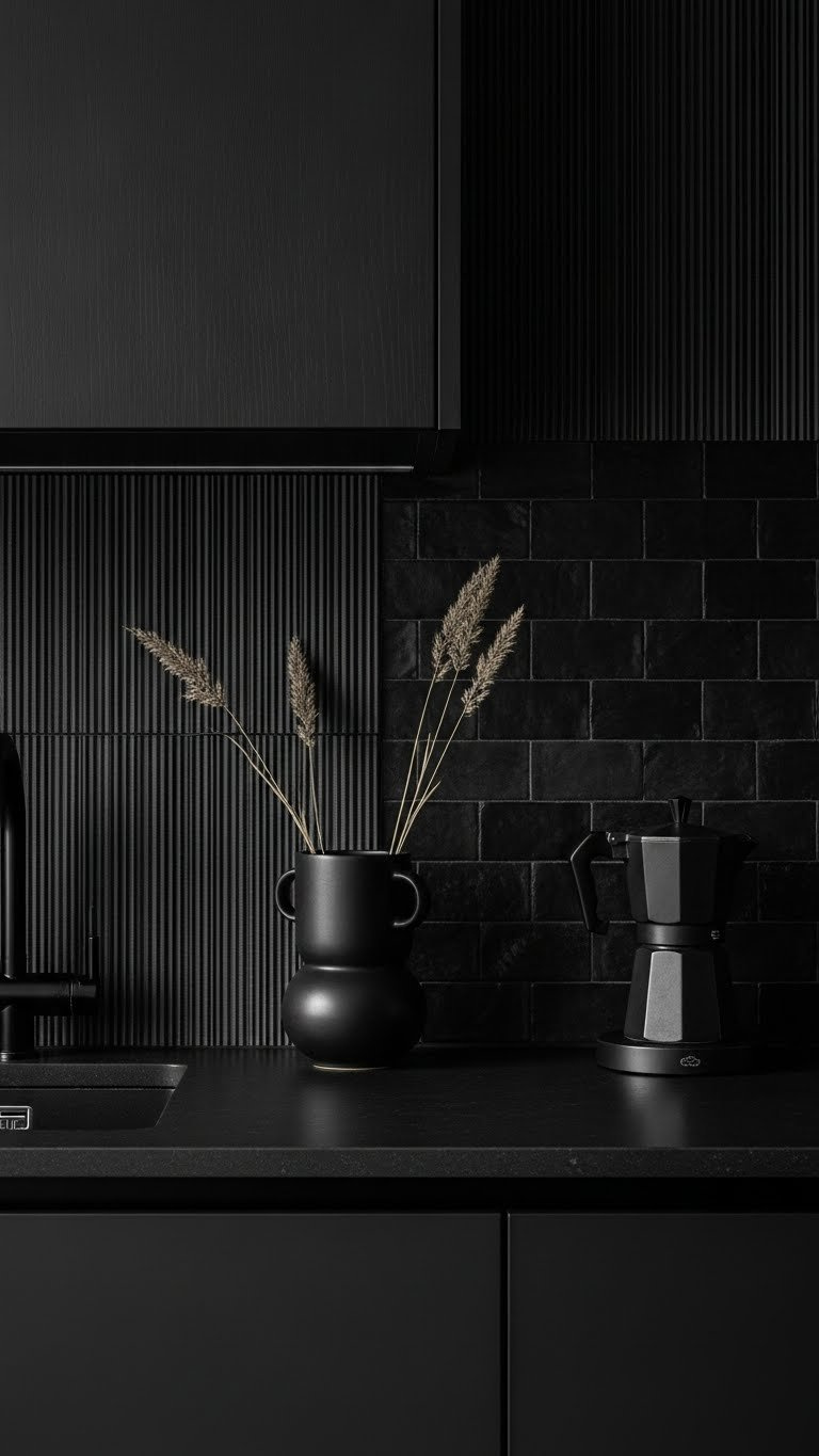 Textured black kitchen surfaces showing matte cabinets, ribbed tile backsplash, and subtle pattern variations.