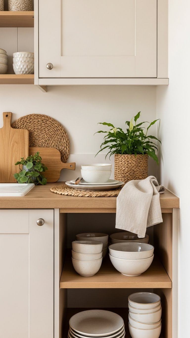 Textured cream kitchen interior featuring rustic wood accents and woven elements adding depth to small space