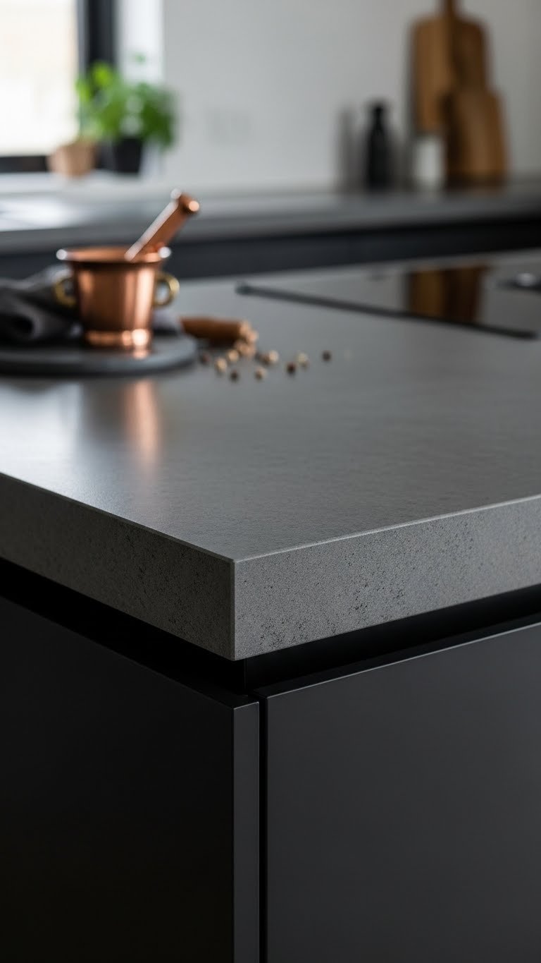 Textured dark concrete kitchen countertop with a copper mortar and pestle, highlighting raw materials aesthetic. Artisanal details.