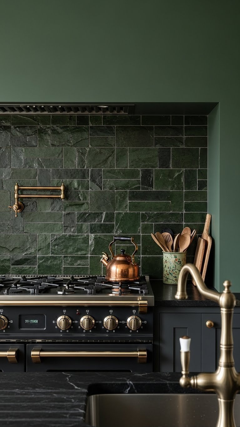Textured dark kitchen backsplash: forest green Zellige tiles behind a range, with a copper kettle and pot filler.
