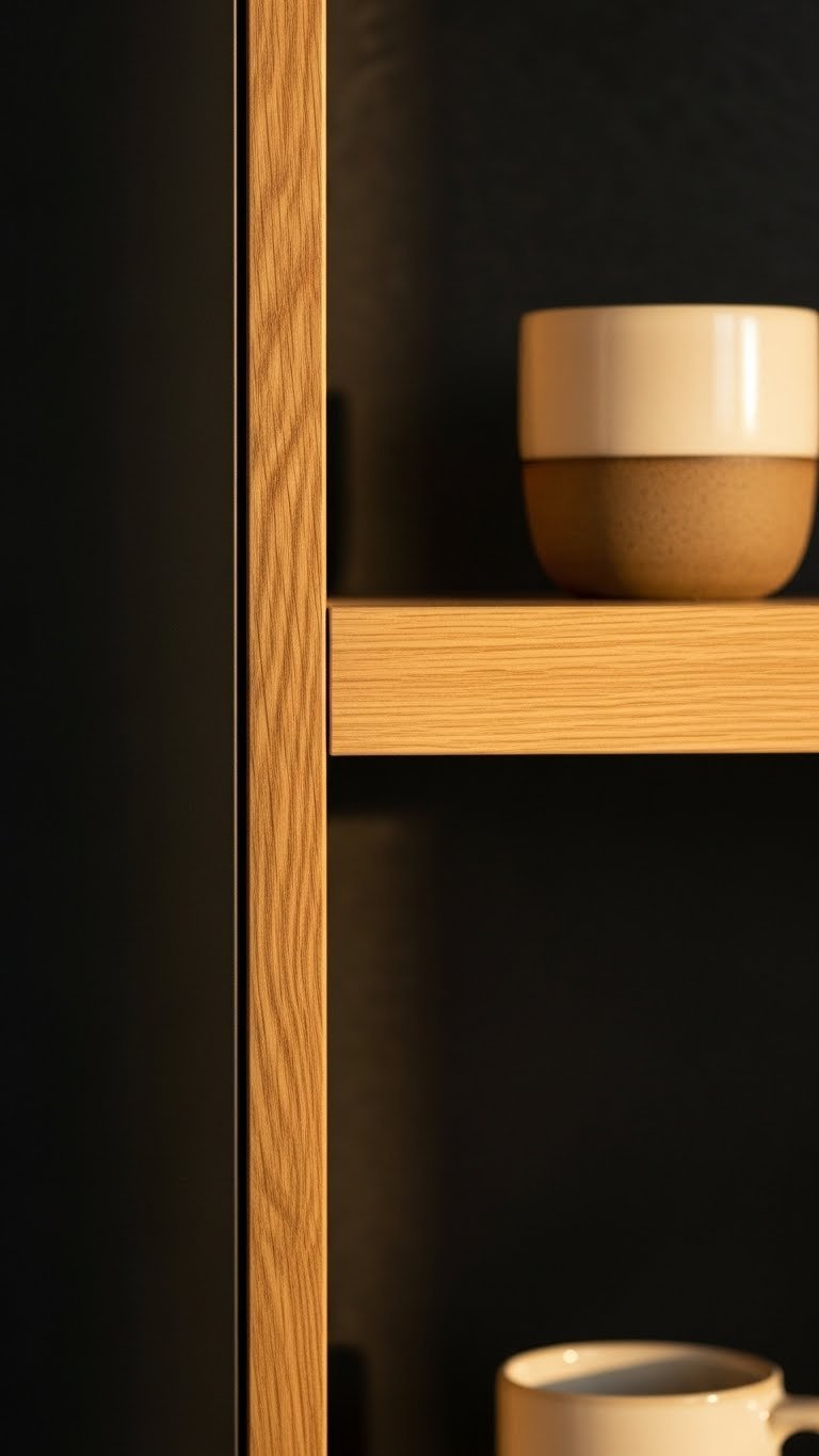 Textured dark oak shelf accent against a charcoal black wall, emphasizing natural wood grain. Includes an earthy ceramic cup.