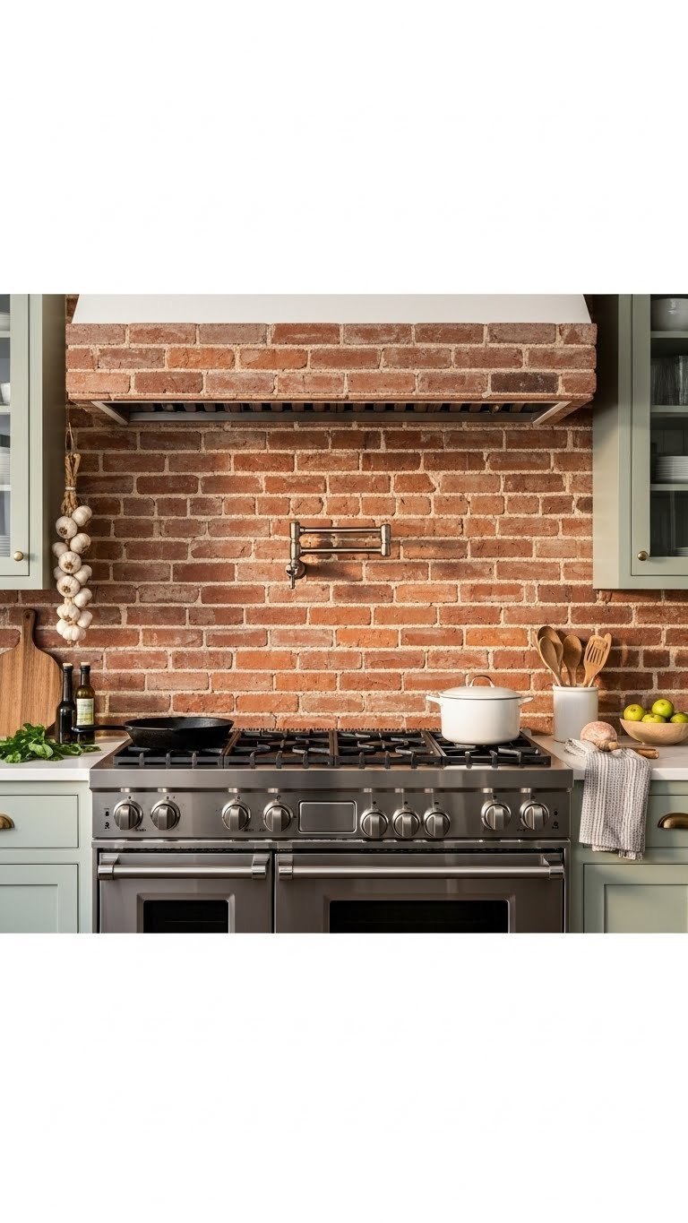 Textured exposed brick wall backsplash behind stainless steel range with pot filler in rustic kitchen