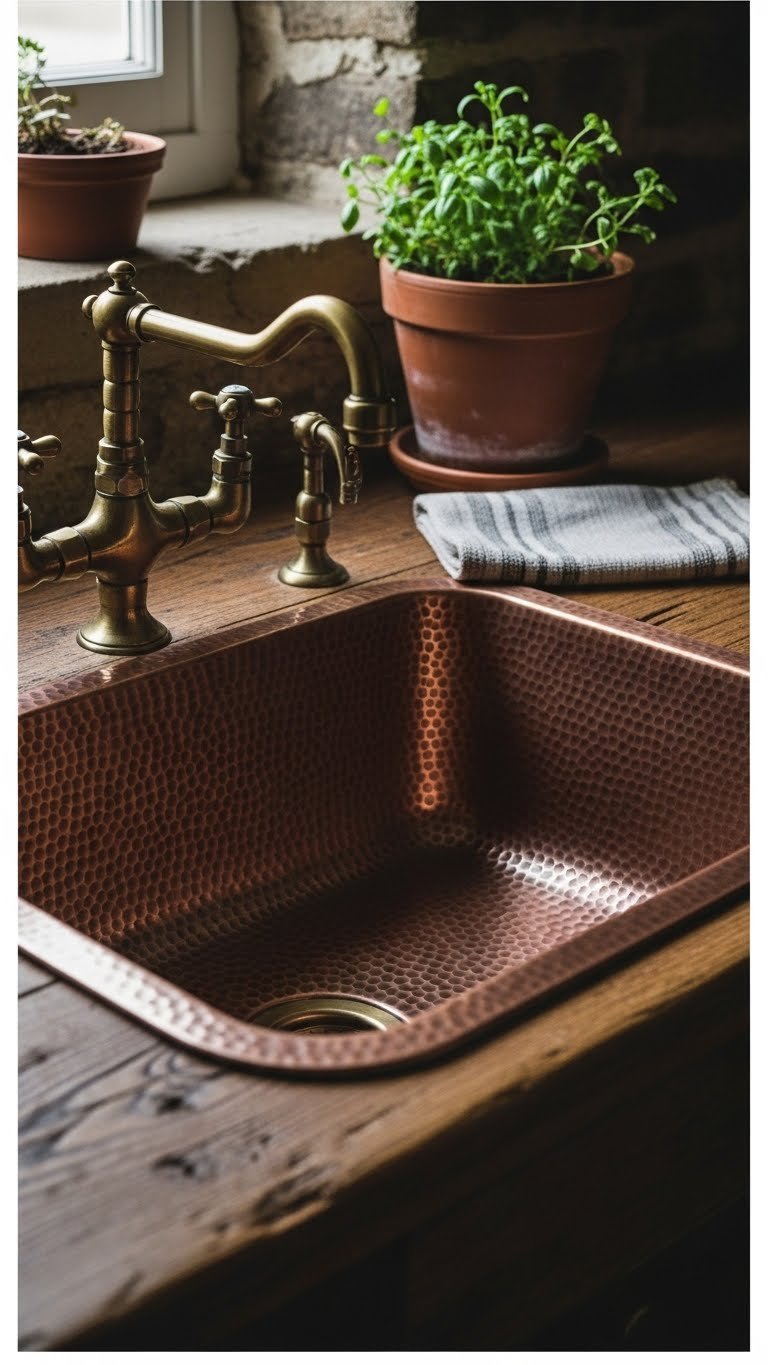 Textured hand-hammered copper sink with antique brass faucet and terracotta herb pot on rustic wooden countertop