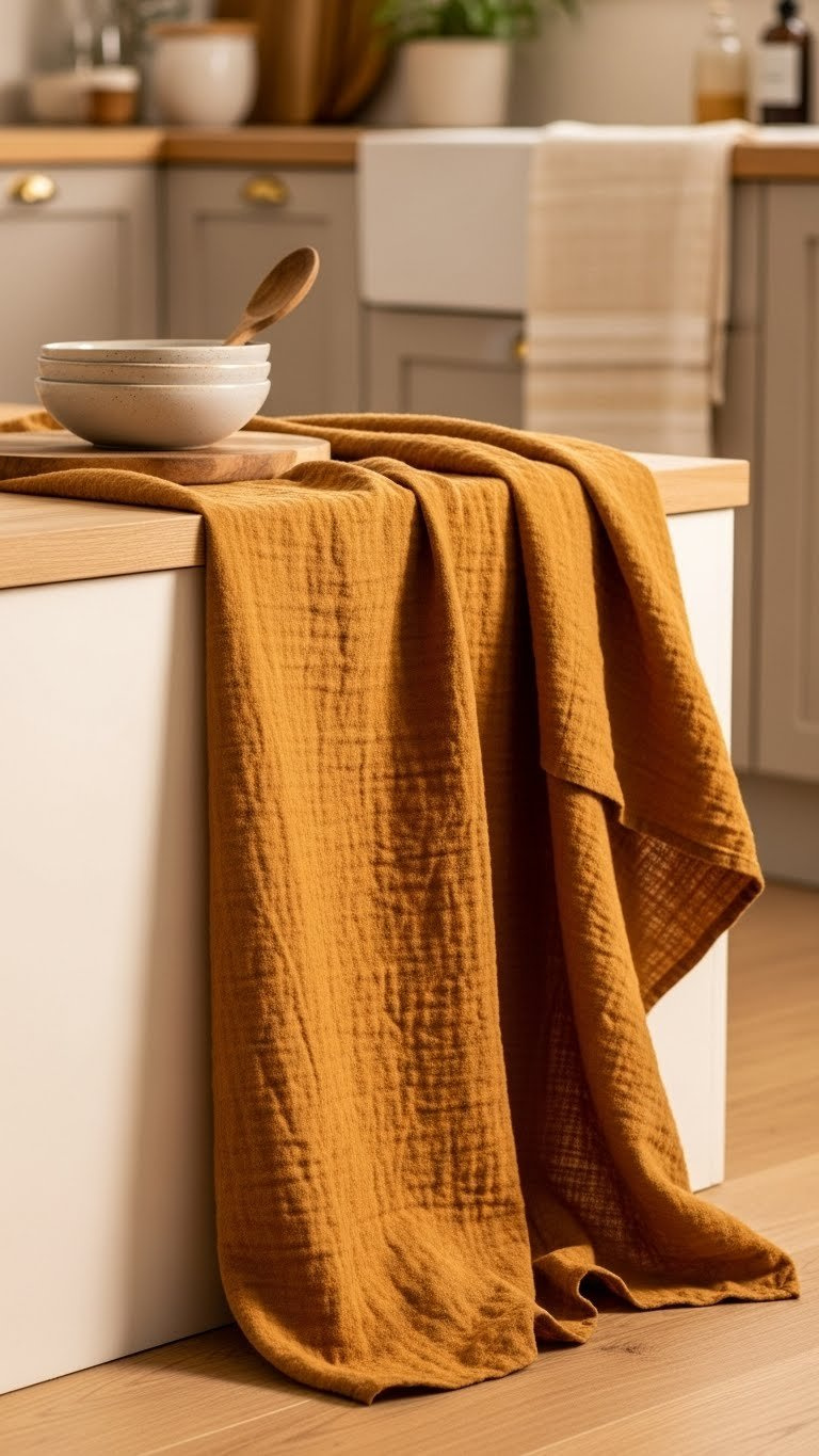 Textured jute rug in rich ochre tones draped elegantly on light wood floor in earth tone kitchen setting