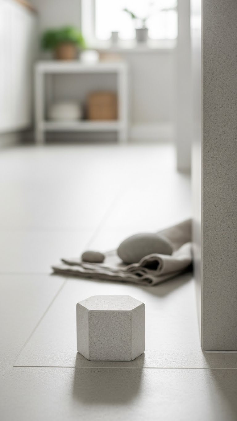 Textured light-colored porcelain floor tiles in minimalist kitchen with tactile linen-look surface details