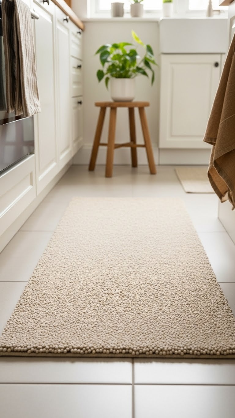 Textured loop pile cream scandi kitchen runner on light-colored tile floor in warm cozy kitchen setting