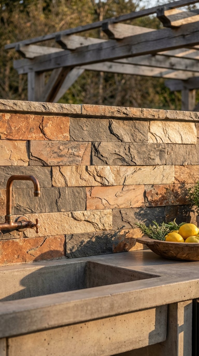Outdoor Kitchen Tile Backsplash Ideas Materials And Installation Guide 3 Textured stacked stone veneer backsplash with copper faucet and concrete countertop in rustic outdoor kitchen