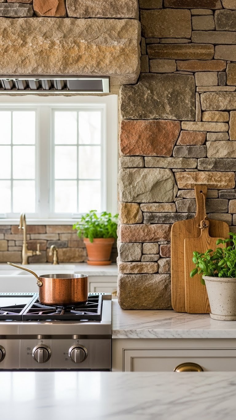 Textured stone backsplash wall in rustic kitchen with copper pot and wooden cutting board against earthy color palette