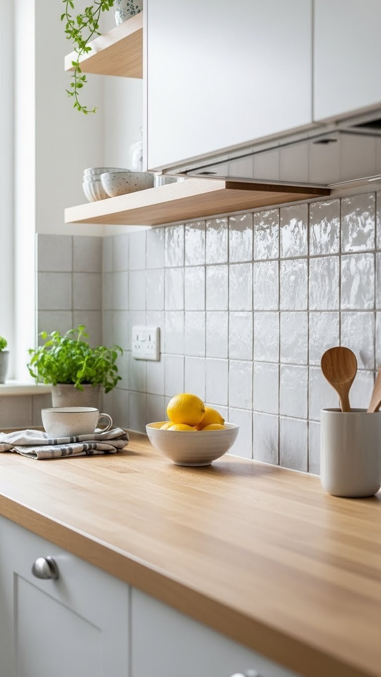 9 Scandi Boho Kitchen Ideas: Create Your Dream Cozy Space 11 Textured zellige tile backsplash with subtle imperfections and fresh lemons on light wood countertop