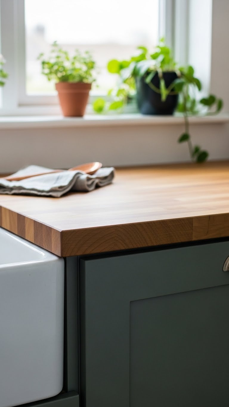 Thick butcher block countertop on dark sage green kitchen cabinets, showcasing contrasting wood grain. Warm, natural kitchen design.