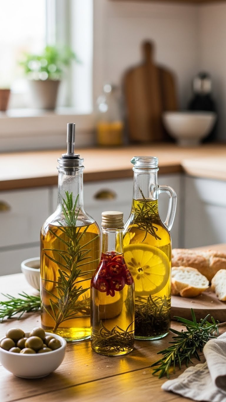 Three clear glass bottles of homemade infused olive oil with rosemary, chili flakes, and sliced lemons arranged on rustic wooden table