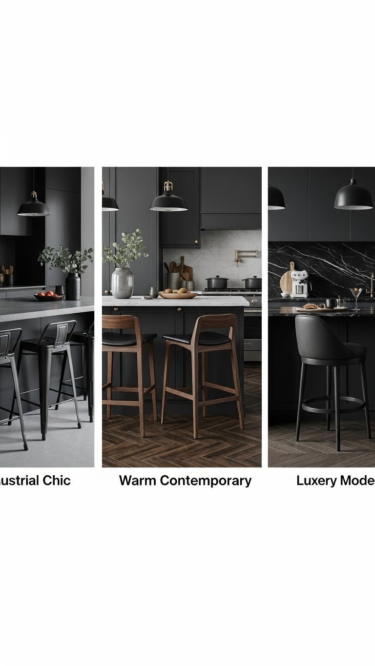 Three distinct dark kitchen styles: Industrial chic with metal stools, Warm contemporary with wood stools, Luxury modern with leather stools.