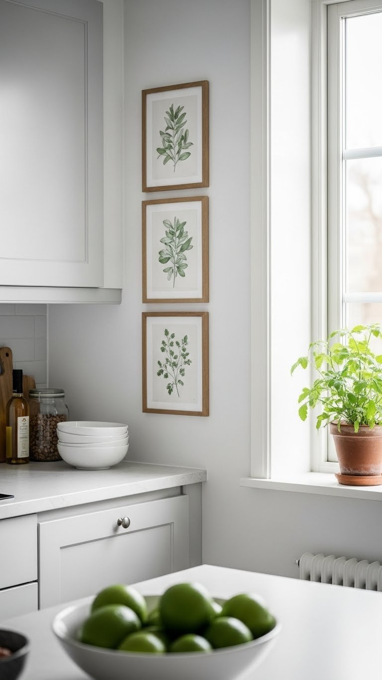 Three framed botanical prints with delicate herb drawings arranged vertically on light grey kitchen wall next to window