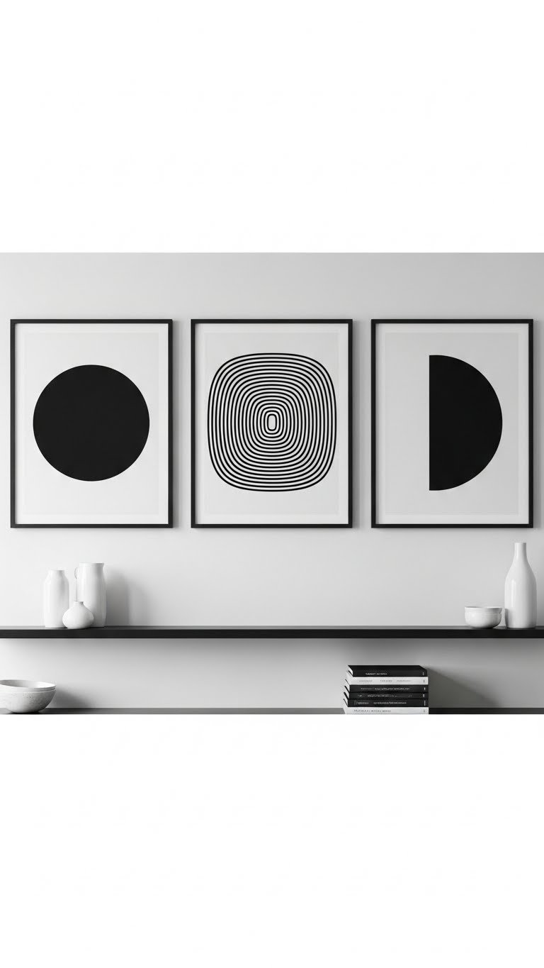 Three large black frames with monochrome geometric shapes hung above minimalist kitchen shelf with white ceramic vases