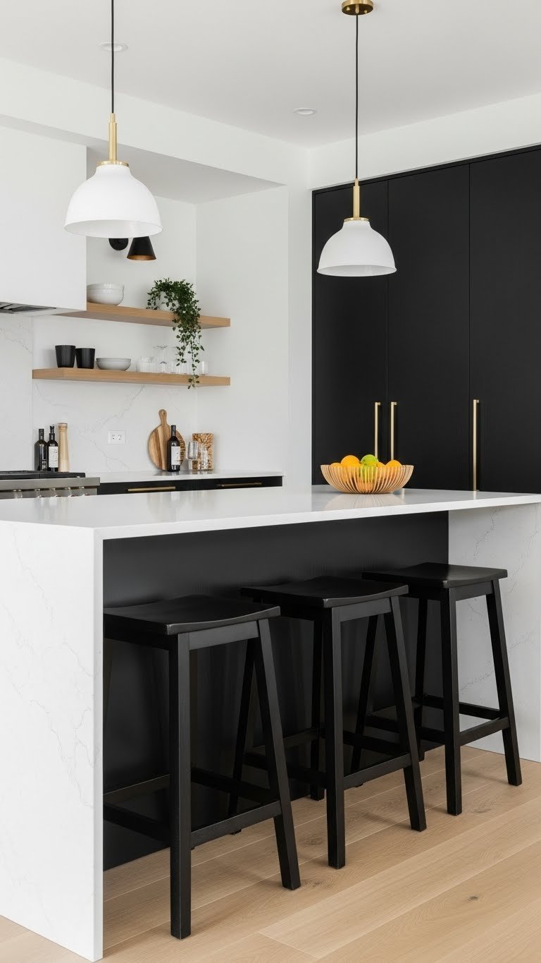 Three minimalist backless dark bar stools tucked beneath a sleek white waterfall kitchen island, showcasing space-saving design.