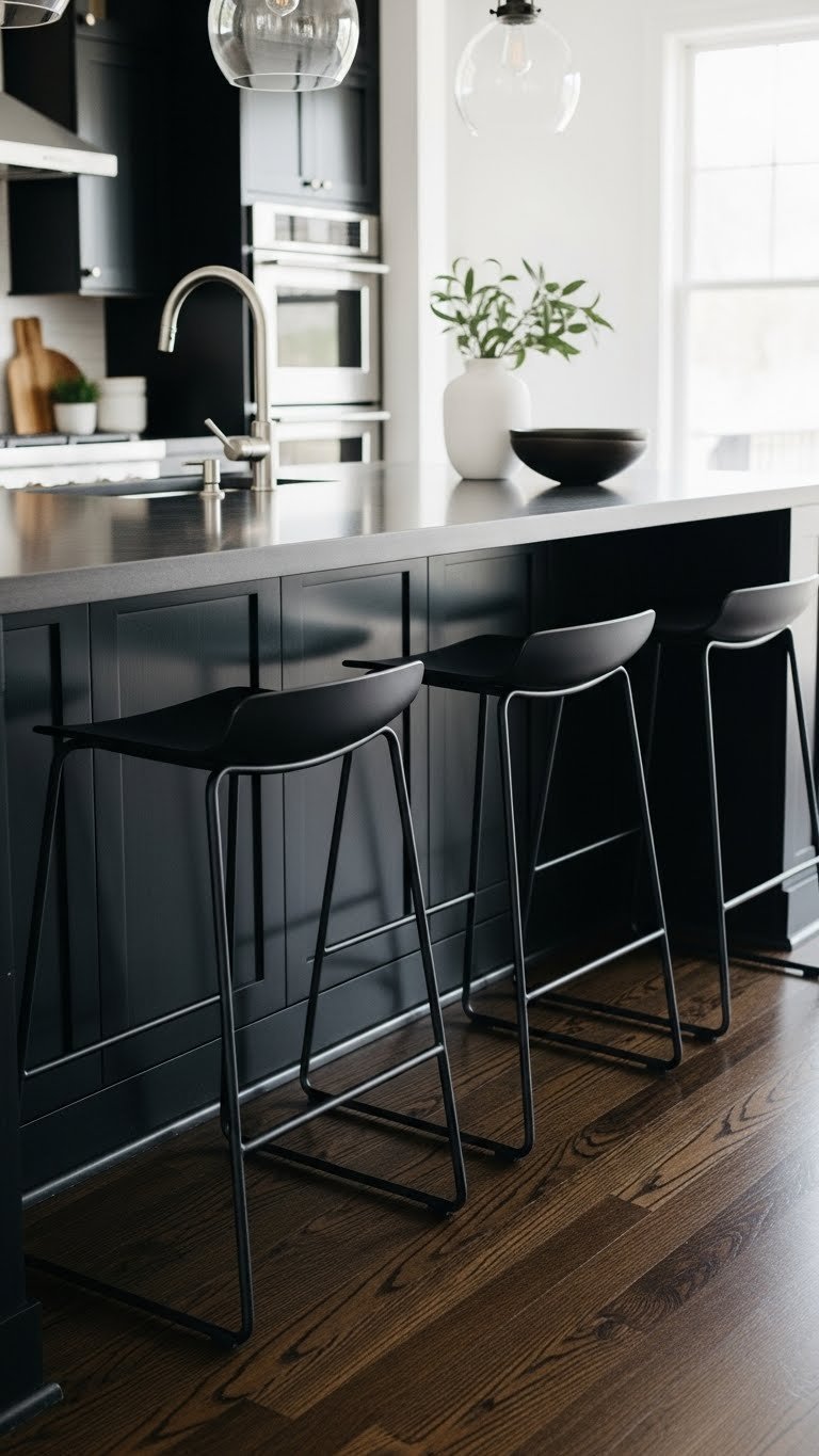 Three sleek matte black metal bar stools with thin frames under a dark kitchen island with polished concrete countertop.