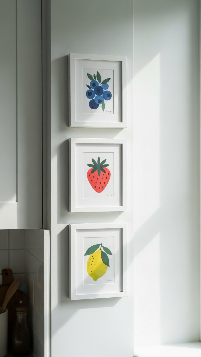 Three small white frames with fruit prints hanging vertically on narrow kitchen wall in bright minimalist scandi decor