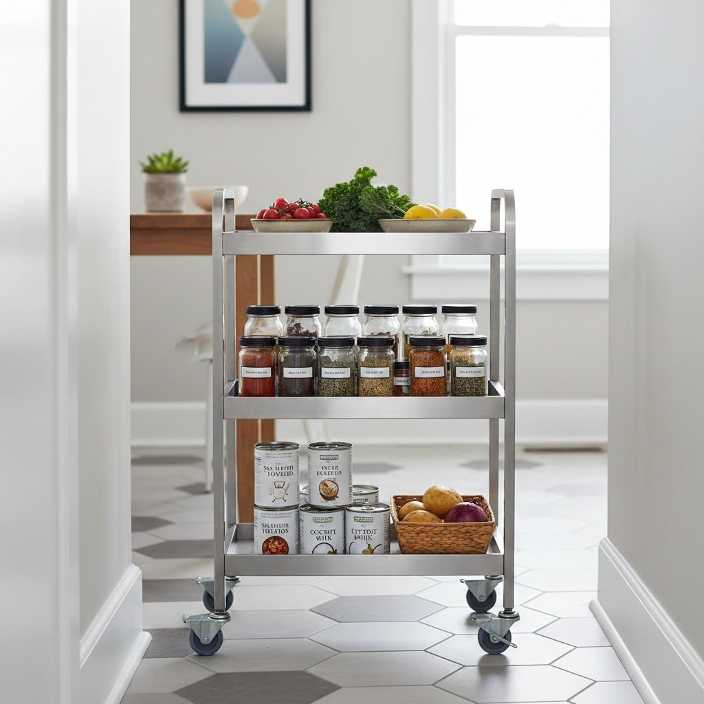 Three-tier metal rolling cart stocked with pantry staples in small kitchen corner space