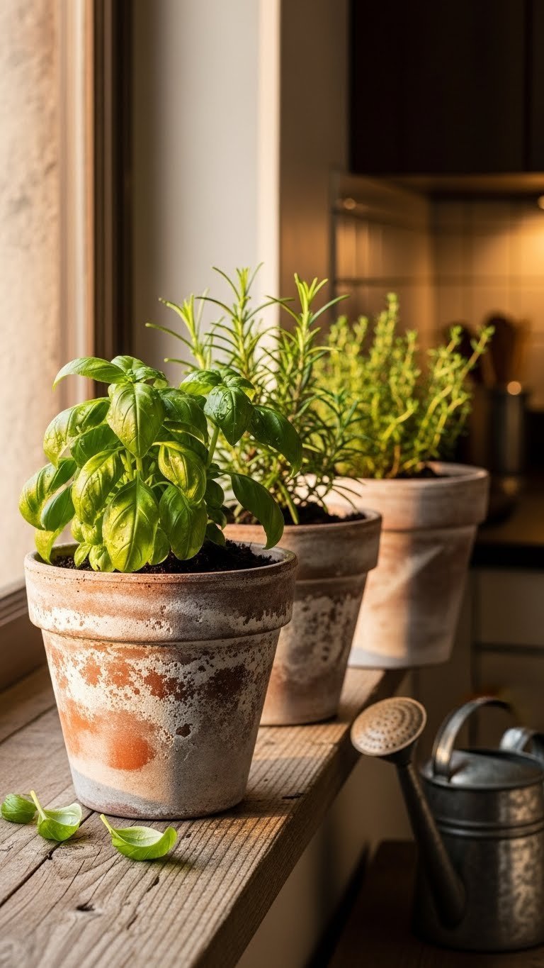 9 Proven Kitchen Gadgets Diy Projects For December 2025 5 Three weathered terracotta herb pots with basil, rosemary, and thyme on wooden windowsill in golden hour kitchen lighting.