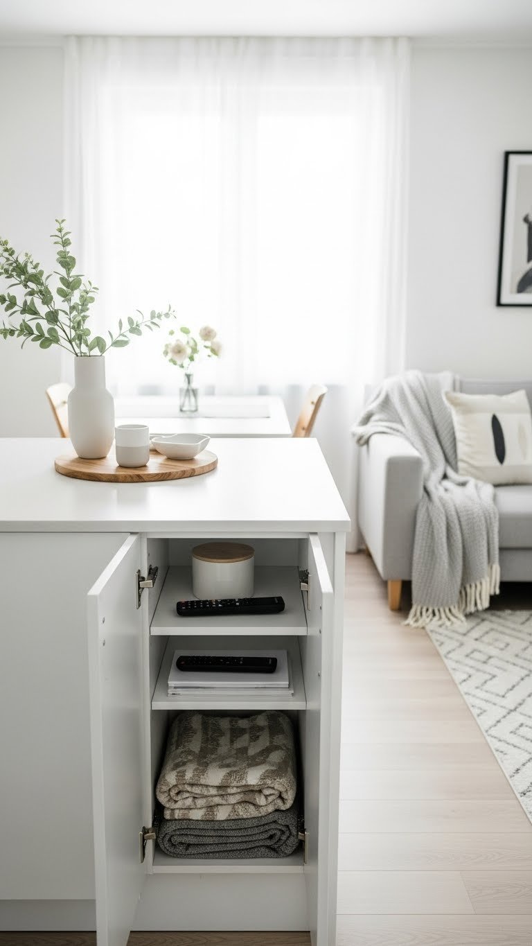 Tidy minimalist open concept kitchen living room with clear surfaces, concealed storage, white, gray, and light wood accents.