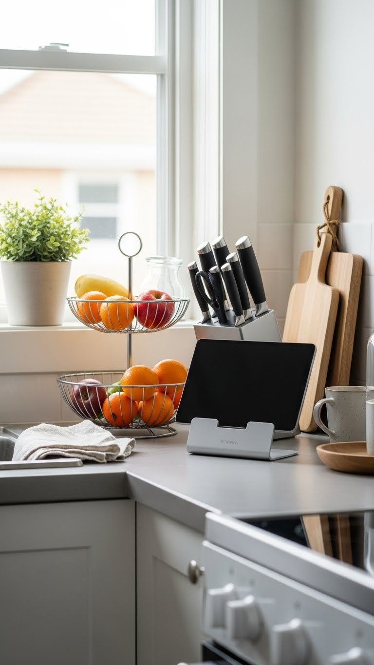 Tidy small kitchen counter with multi-functional knife block and fruit basket maximizing counter space