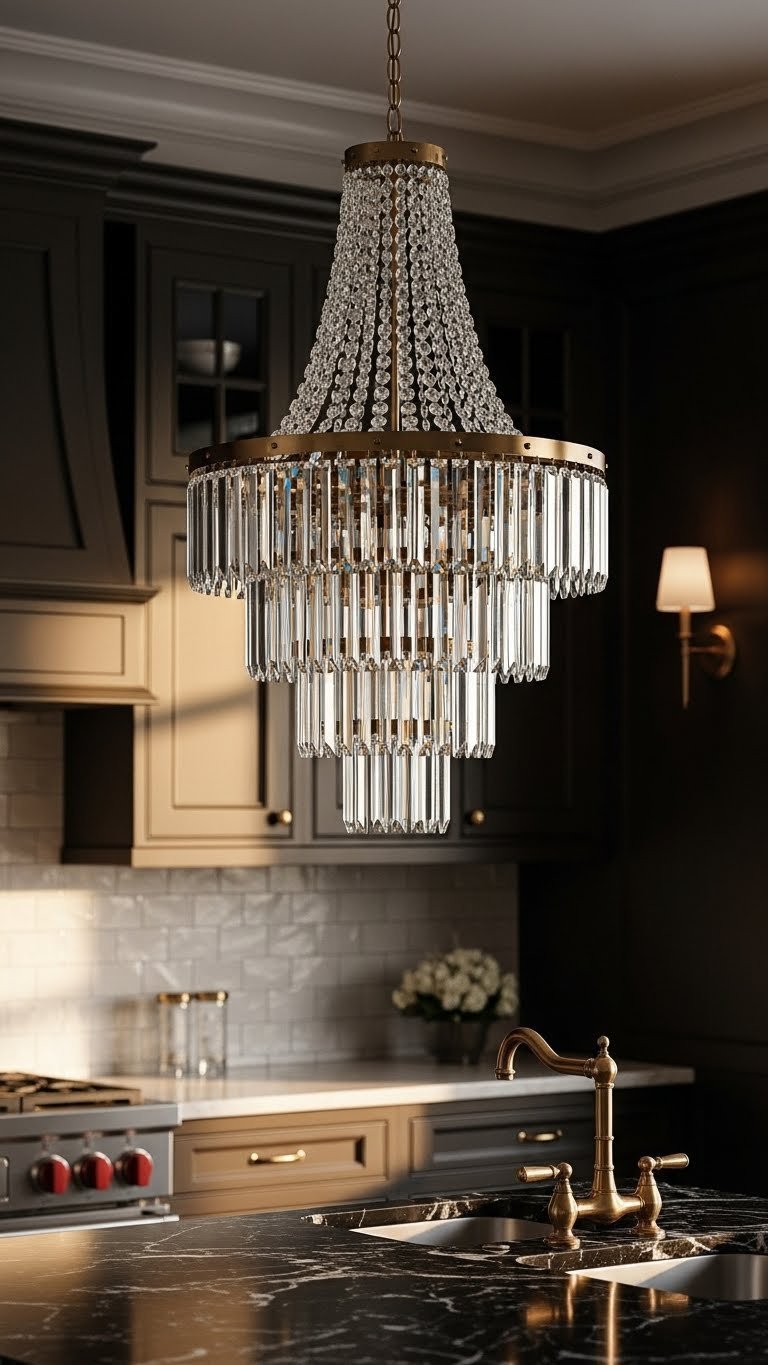 Tiered crystal chandelier over dark kitchen island, contrasting cabinetry, polished brass sconces. Opulent Victorian kitchen design.