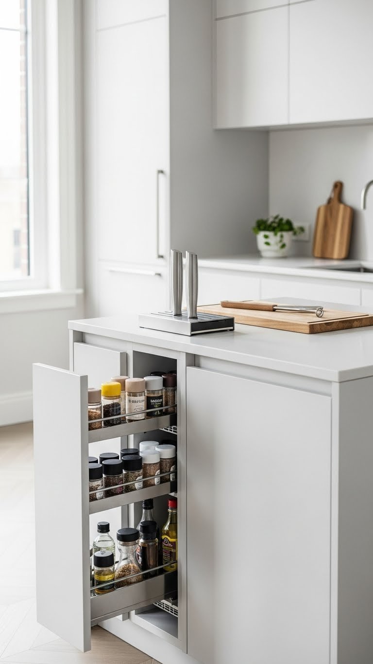 Tiny custom kitchen island with unique storage solutions like pull-out spice racks and compact cutting board accessories