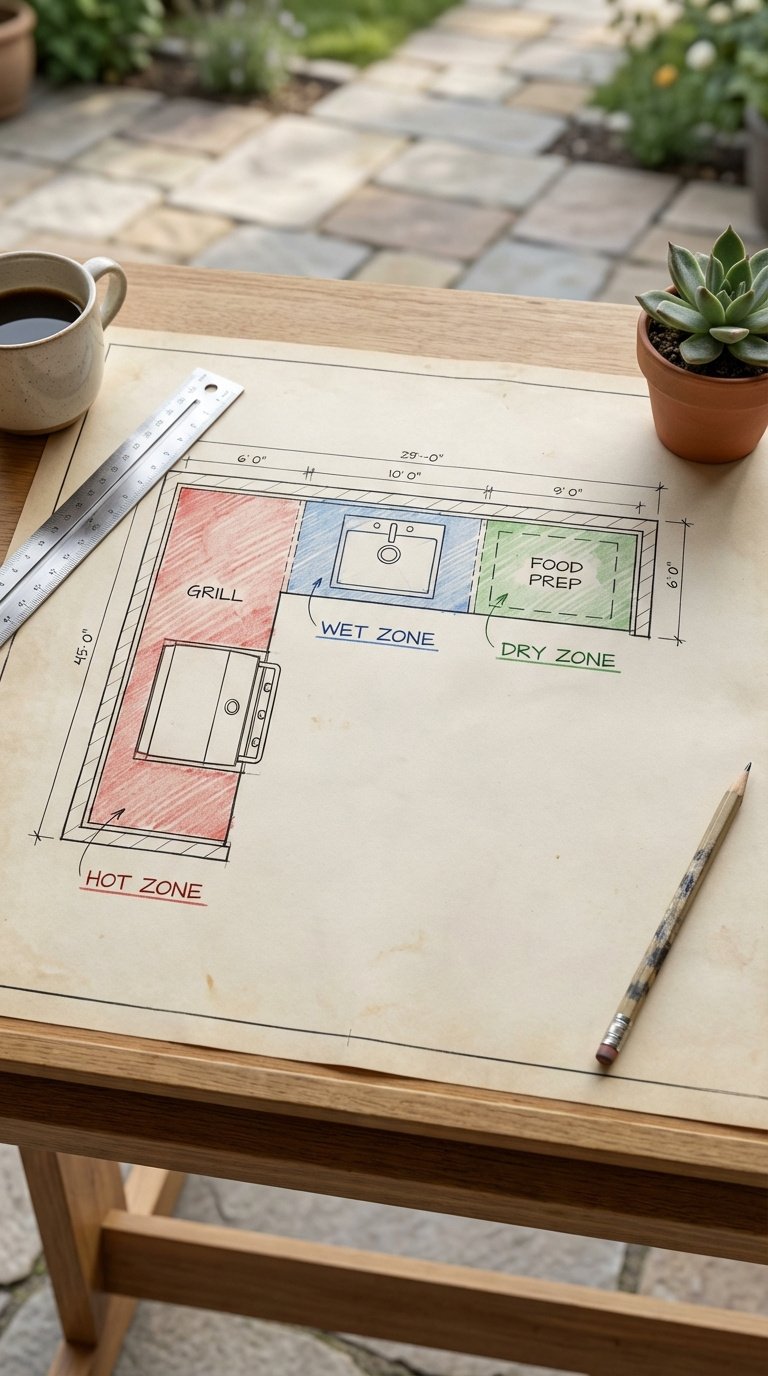 Outdoor Kitchen L Shape Complete Planning And Design Guide 1 Top-down architectural drawing of L-shaped outdoor kitchen layout showing red grill zone, blue sink area, and green prep space on drafting table