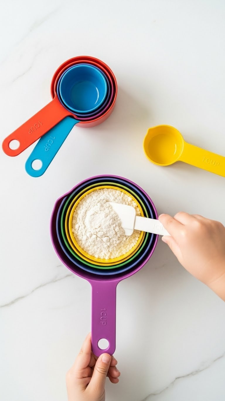 11 Essential Kitchen Gadgets For Kids To Use In 2025 9 Top-down flat lay of colorful measuring cups with child leveling flour using small spatula