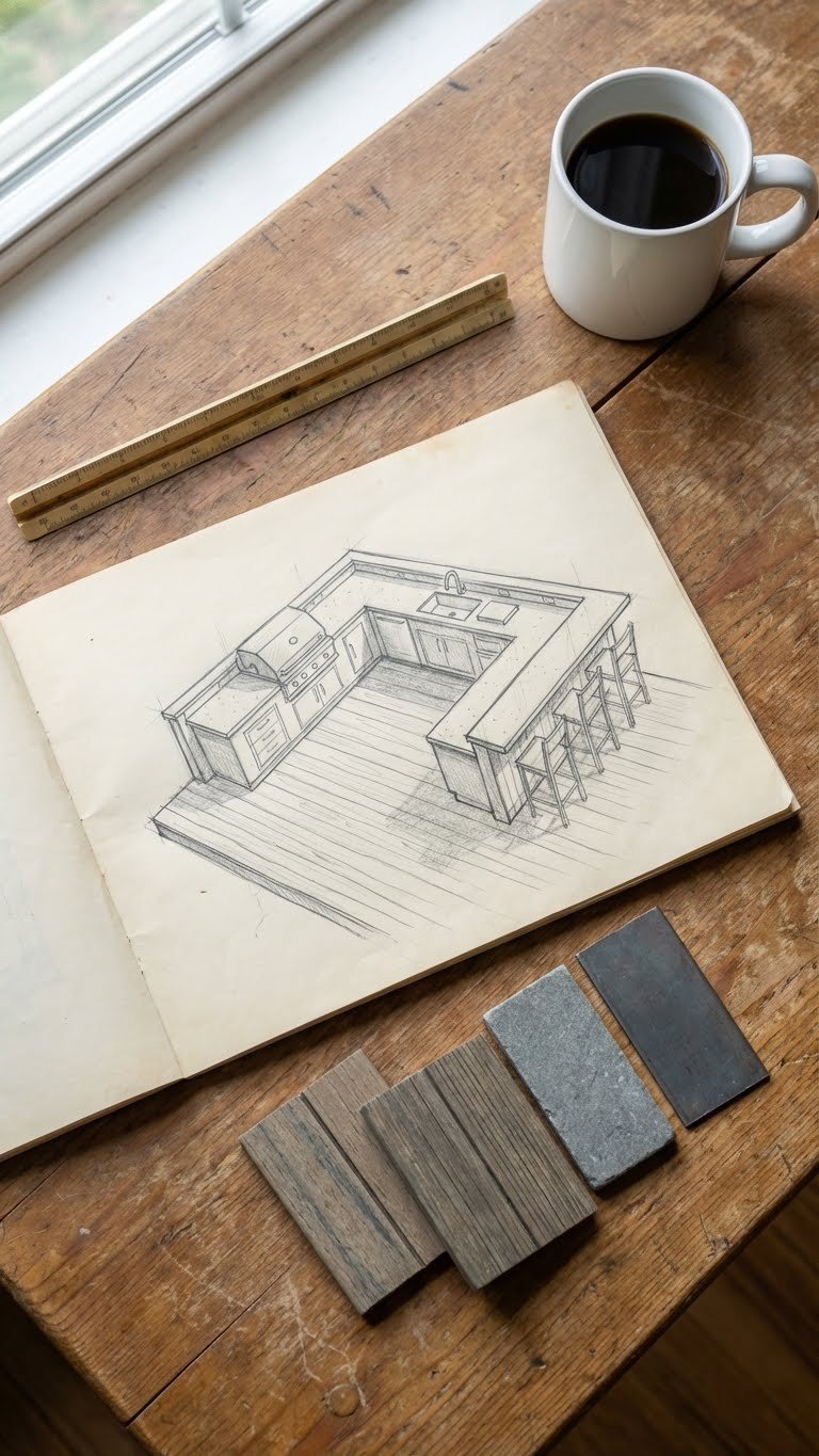 Outdoor Kitchen On Deck Planning Guide For Safe Stylish Builds 3 Top-down flat lay of hand-drawn architectural sketch for L-shaped outdoor kitchen layout on rustic wooden table