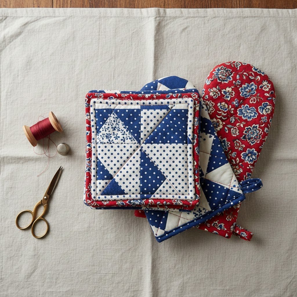 Easy Diy Kitchen Gifts: 11 Ideas That Look Pro &Amp; Cost Less 13 Top-down flat lay of handmade quilted pot holders and oven mitts in colorful patterns on linen tablecloth with sewing supplies.