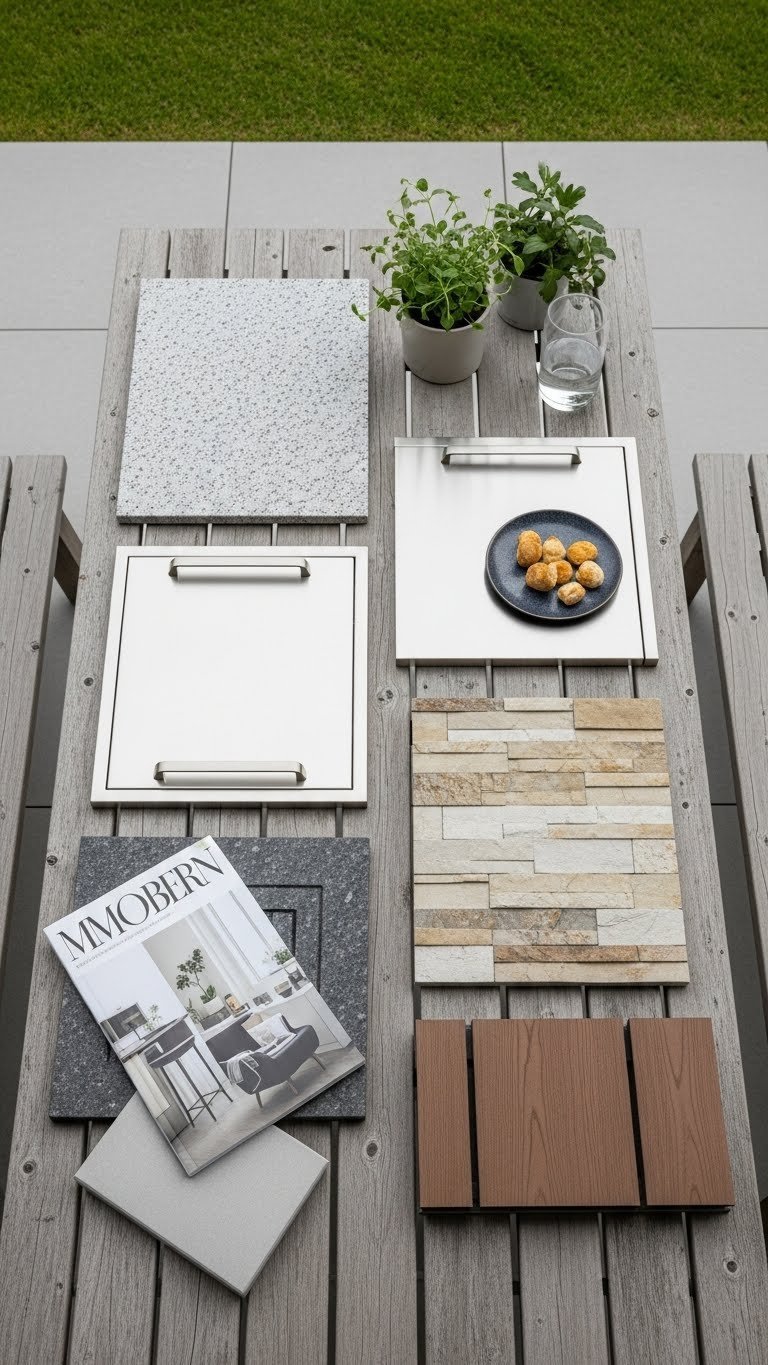 Outdoor Kitchen With Smoker: Ultimate Design &Amp; Build Guide 5 Top-down flat lay of weather-resistant outdoor kitchen materials including granite swatches, stainless steel cabinets, stone veneer, and decking on a patio.