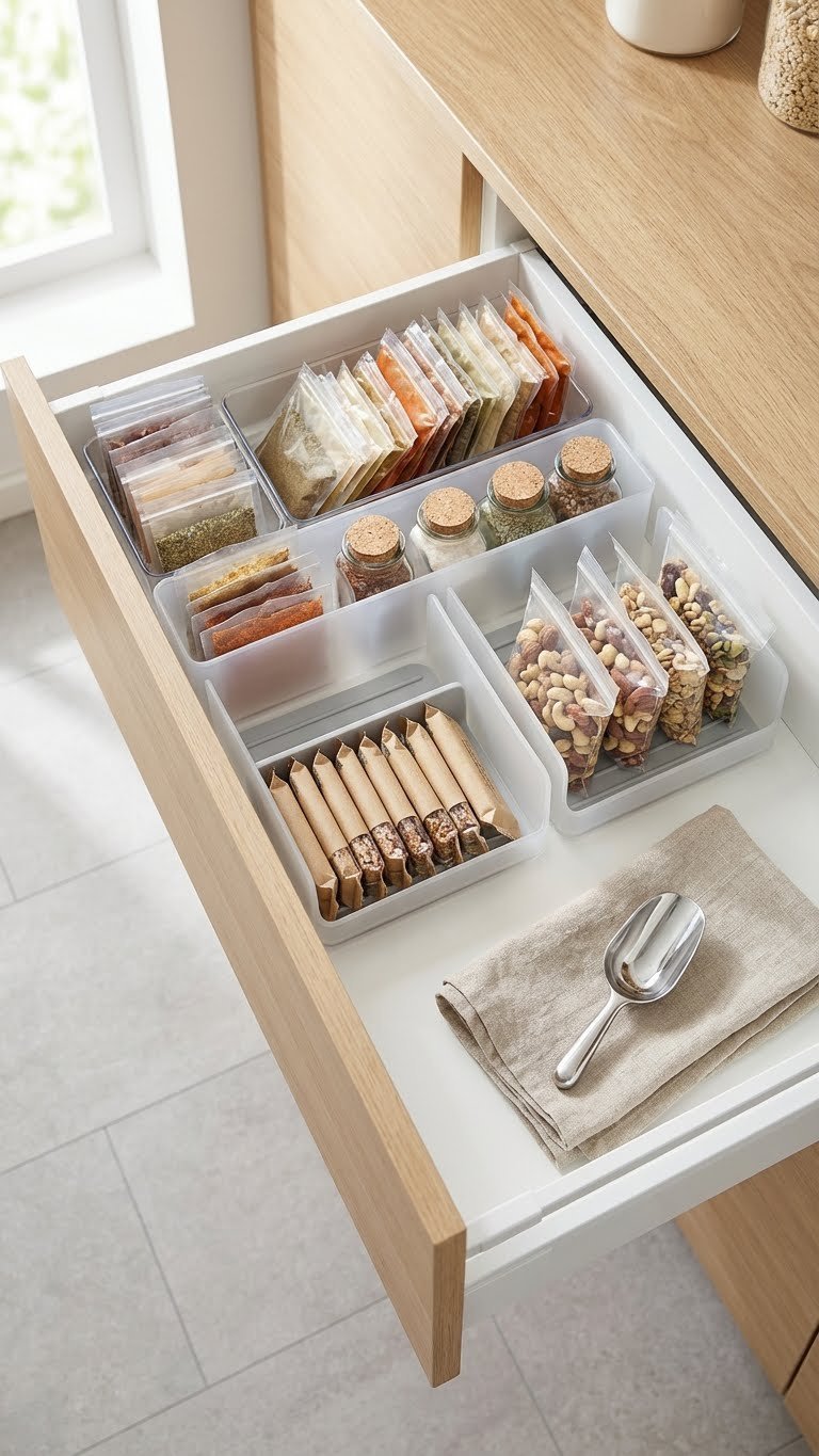 Minimalist Kitchen Pantry: 11 Smart Ideas To Organize 11 Top-down view of an open minimalist kitchen pantry drawer with organized pull-out bins for spices, nuts, and snack bars.