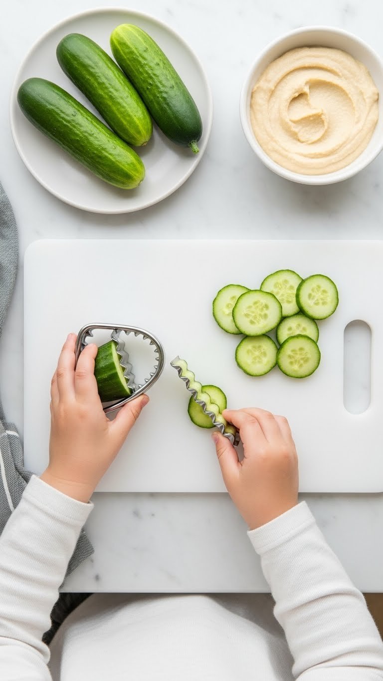 11 Essential Kitchen Gadgets For Kids To Use In 2025 3 Top-down view of child's hands pressing crinkle cutter into cucumber slice on white cutting board