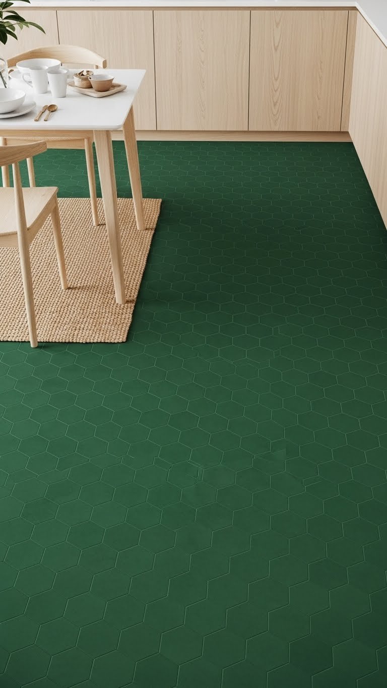 Top-down view of forest green hexagon floor tiles in honeycomb pattern under minimalist dining table with natural rug