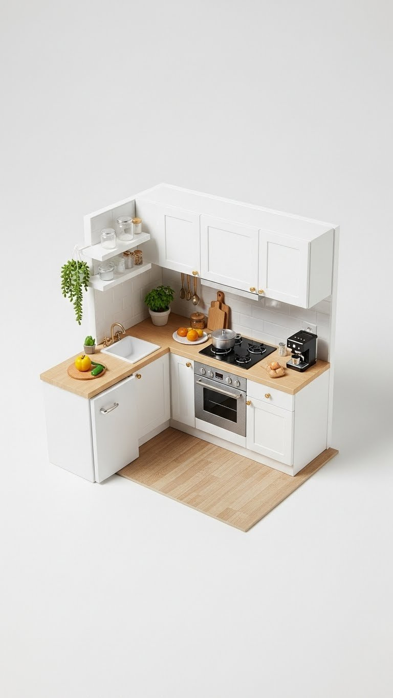 Top-down view of functional 3x3 grid layout Bloxburg kitchen with U-shaped counters and integrated appliances