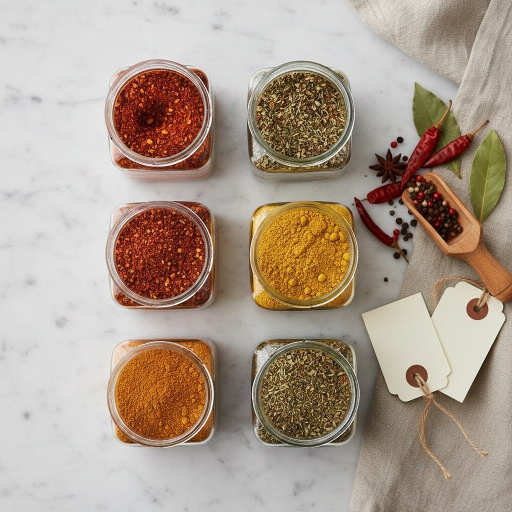 Easy Diy Kitchen Gifts: 11 Ideas That Look Pro &Amp; Cost Less 5 Top-down view of homemade spice blends in glass jars with paprika and curry powders on marble countertop with wooden scoop.