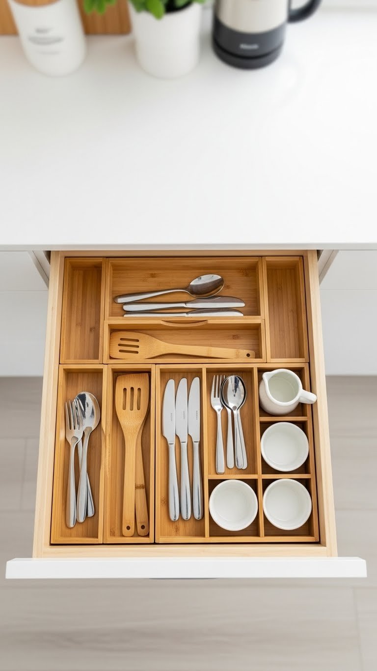 Top-down view of modular bamboo drawer organizers neatly arranging kitchen utensils in a light wood drawer with soft bokeh background