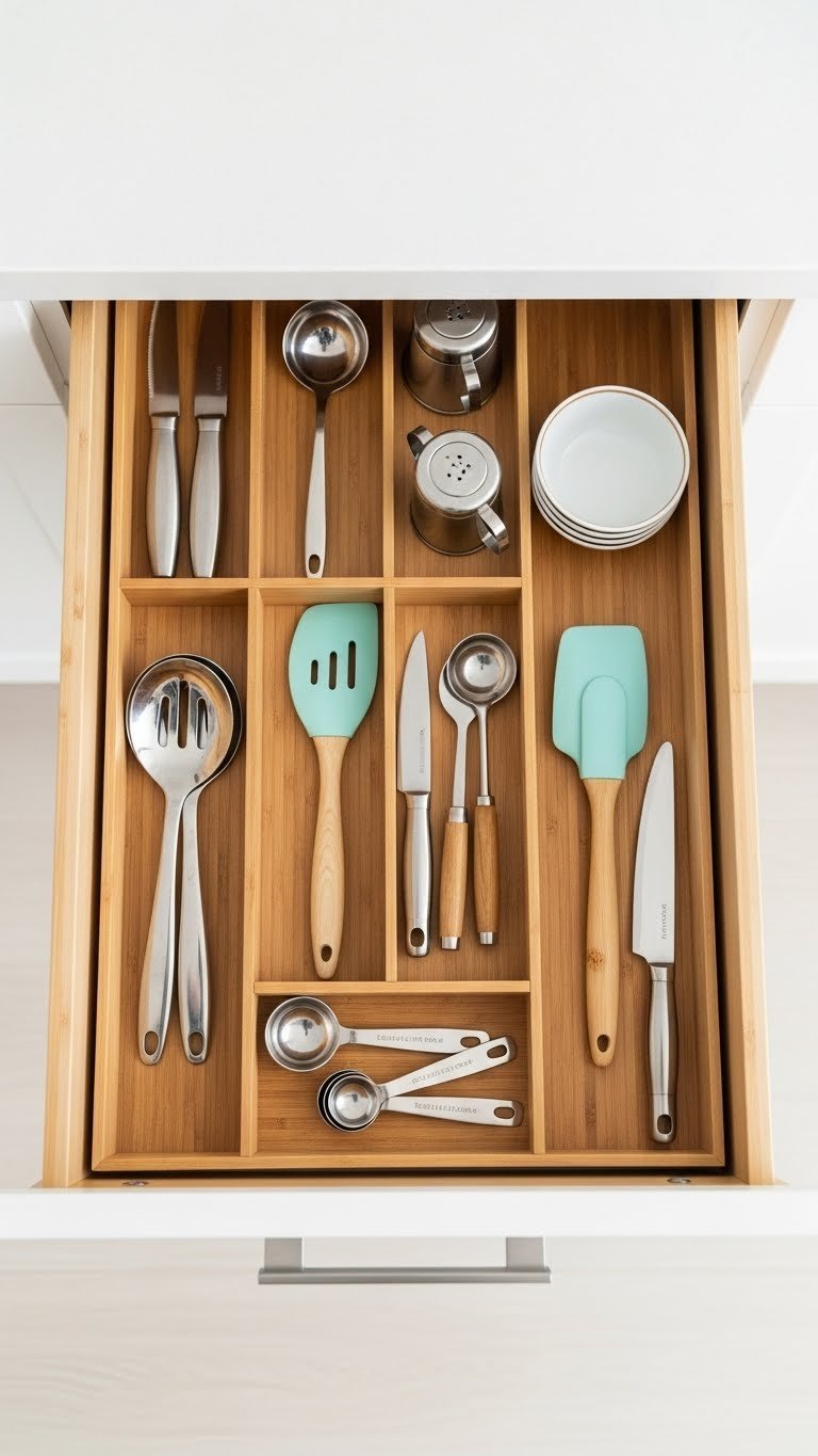 Top-down view of neatly organized kitchen drawer with bamboo inserts holding utensils and gadgets in natural wood interior