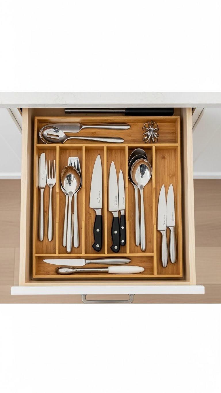 Top-down view of organized kitchen drawer with bamboo custom inserts holding utensils and gadgets