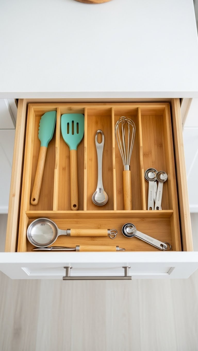 Top-down view of organized kitchen drawer with bamboo dividers holding spatulas, whisks, and measuring spoons against light background