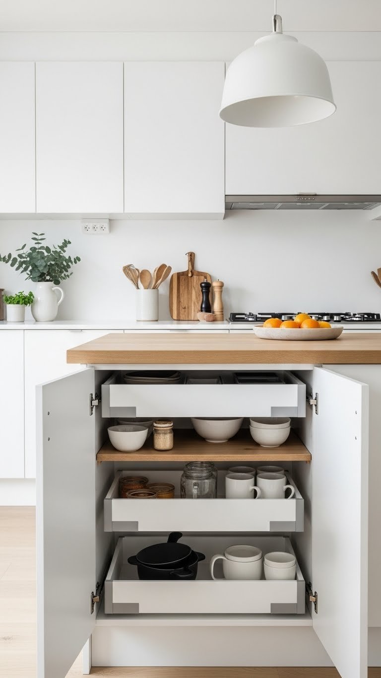 Top-down view of organized scandi kitchen with smart storage solutions and uncluttered countertops in daylight