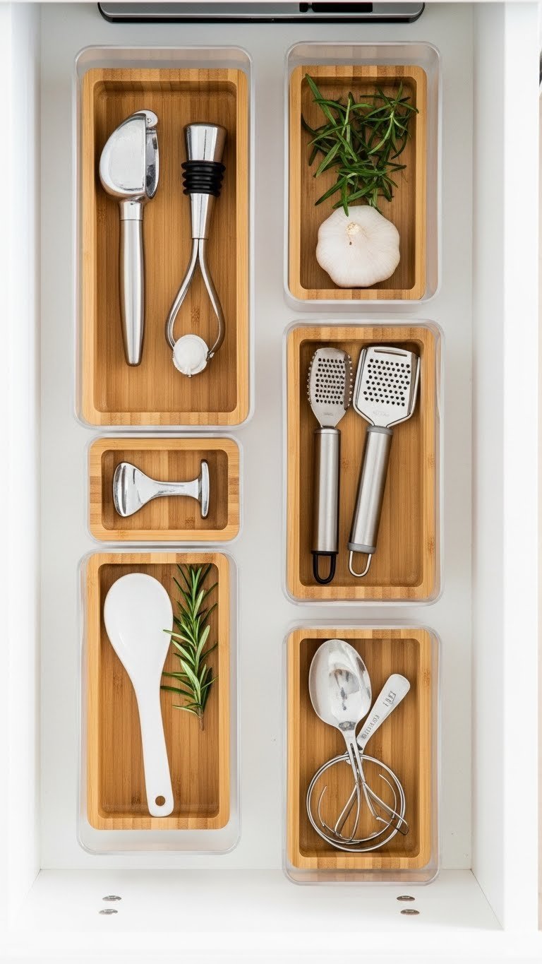 Top-down view of small kitchen gadgets organized in clear acrylic bins including garlic press and ceramic spoon rest in white drawer