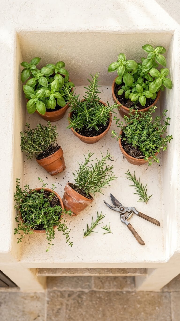 Outdoor Kitchen Mediterranean Design Guide For Al Fresco Living 13 Top-down view of terracotta pots filled with fresh herbs on built-in stucco wall shelf