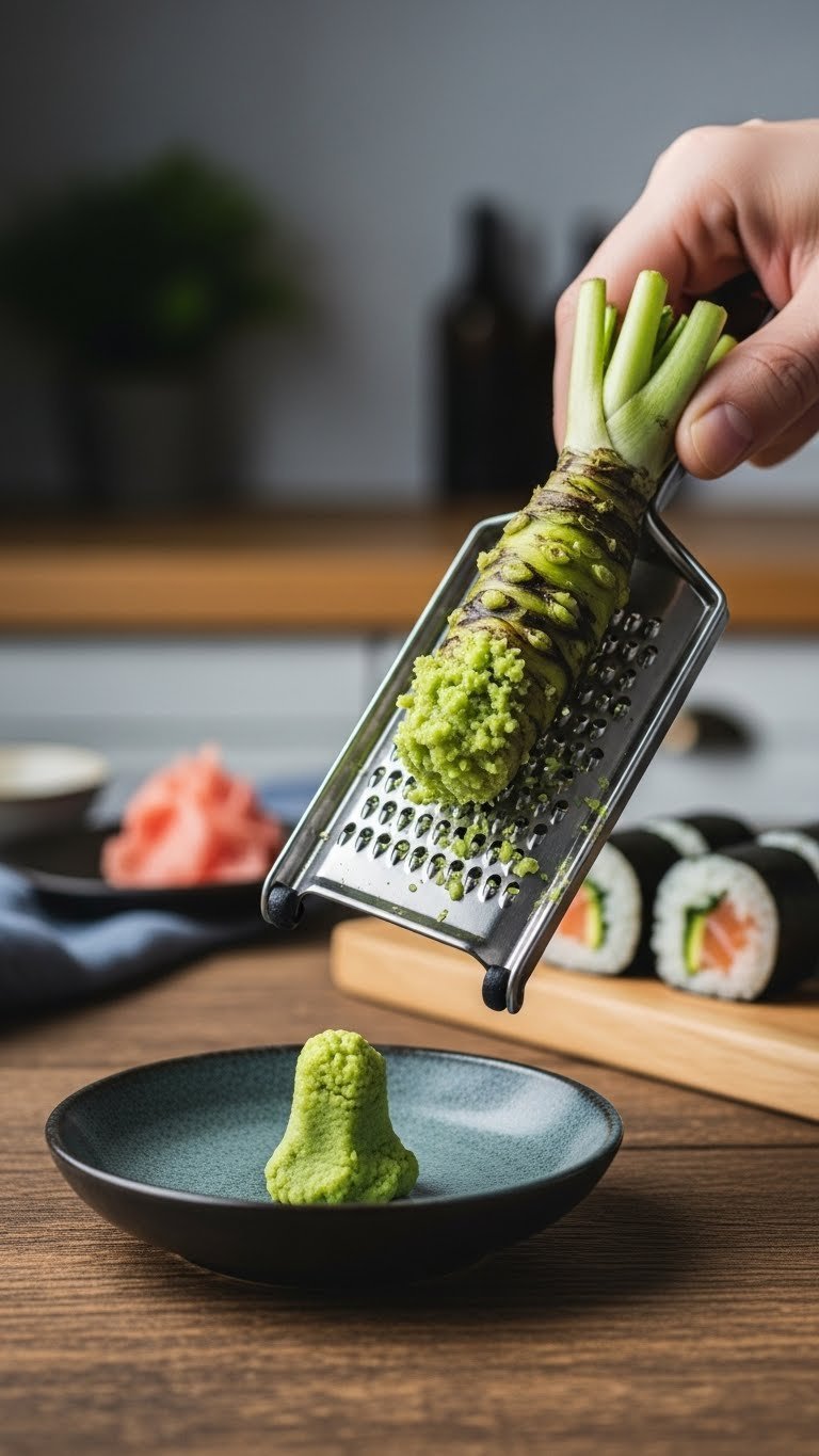 9 Smart Japanese Kitchen Gadgets For Home Cooks 8 Traditional Japanese wasabi grater creating fresh paste on wooden table